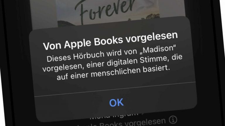 Hinweis auf eine Computerstimme als Vorleserin in Apple Books (Foto: Screenshot)