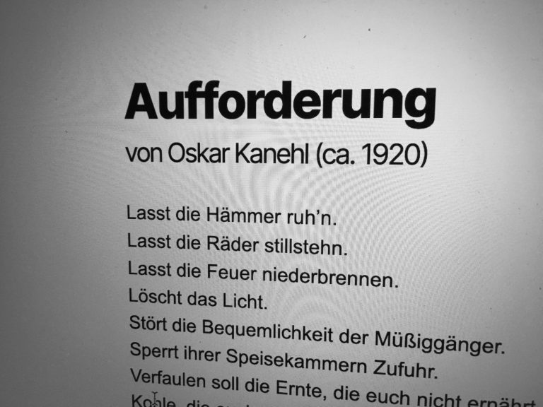 Screenshot von proletkult.at: Das Gedicht »Aufforderung« von Oskar Kanehl