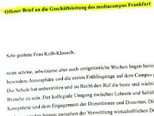 Dokument: Offener Brief an die Geschäftsleitung des mediacampus Frankfurt von den Schülern des 162. Kurses