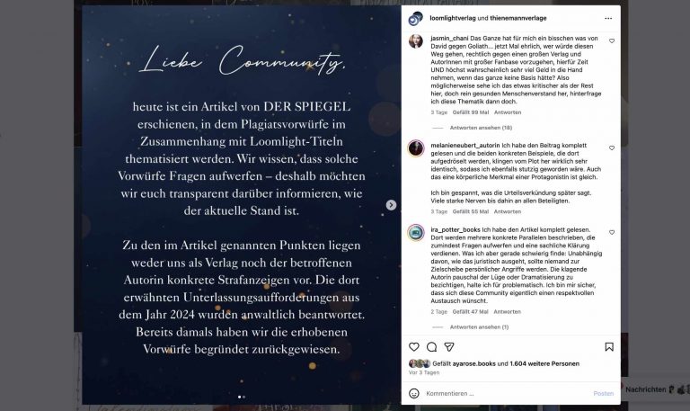 Alle Vorwürfe zurückgewiesen: Stellungsname von ThienemannEsslinger und Loomlight auf Instagram (Screenshot: Instagram)