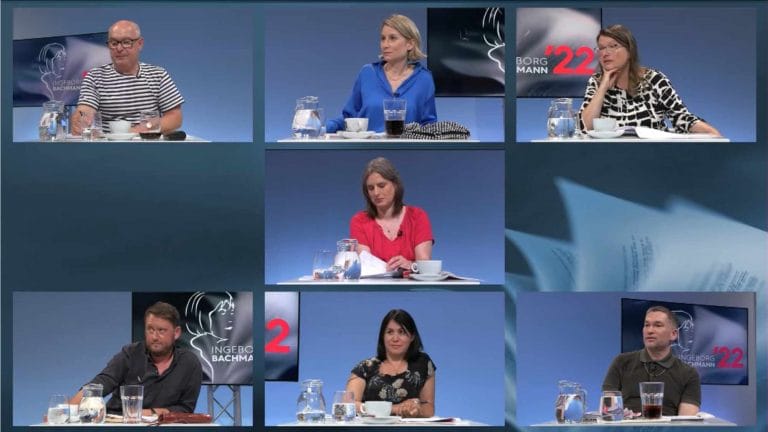 Die Jury 2022 von oben links nach unten rechts: Klaus Kastberger, Mara Delius, Brigitte Schwens-Harrant, Insa Wilke, Michael Wiederstein, Vea Kaiser und Philipp Tingler (Foto: Screenshot/ORF)