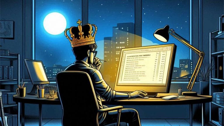 Müder König am Text (Bild mit KI erstellt)