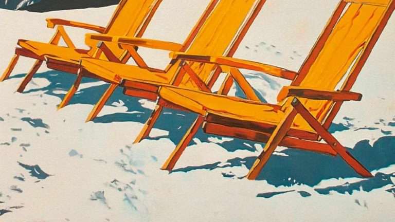 KI-erstellte Liegestühle mit fehlenden Beinen: Ausschnitt aus dem Cover-Motiv des Zauberberg von Thomas Mann (Quelle: Midjourney/S. Fischer)