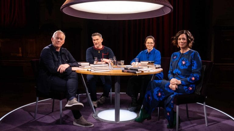 Die Besetzung des Literarischen Quartetts vom 21. März 2025 (von links): Johannes B. Kerner, Philipp Tingler, Thea Dorn und Eva Menasse (Foto: ZDF/Kosei Takasaki)