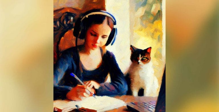 Ein Bild, erzeugt mit dem KI-Bildgenerator von Bing (DALL·E). Eingabe: Ein Mädchen, das Kopfhörer trägt und an ihrem Roman schreibt. Eine Katze sitzt neben ihr. Im Stil eines impressionistischen Gemäldes.