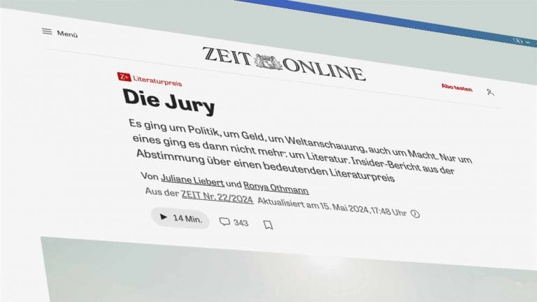 Auch online: Beitrag über Literaturjurys in der gedruckten Ausgabe der ZEIT 22/2024 (Bild: Screenshot)